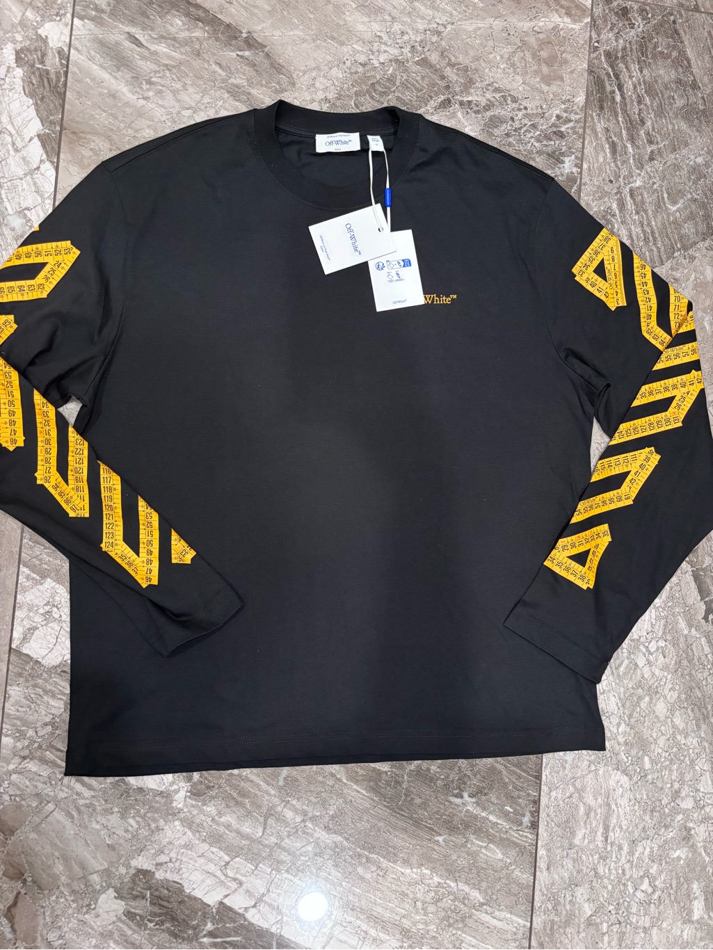 Off-White Black Long Sleeve Tee With Yellow Sleeve Arrows